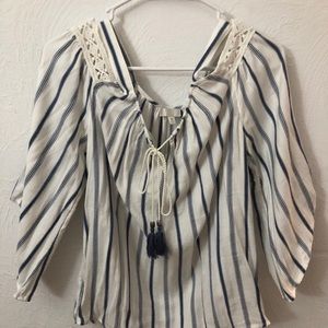 white and blue striped off the shoulder top